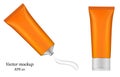 3d illustration of metallic orange tube. Ointment. Salve. Glue tube. Cream smear. Vector mockup. Sunscreen